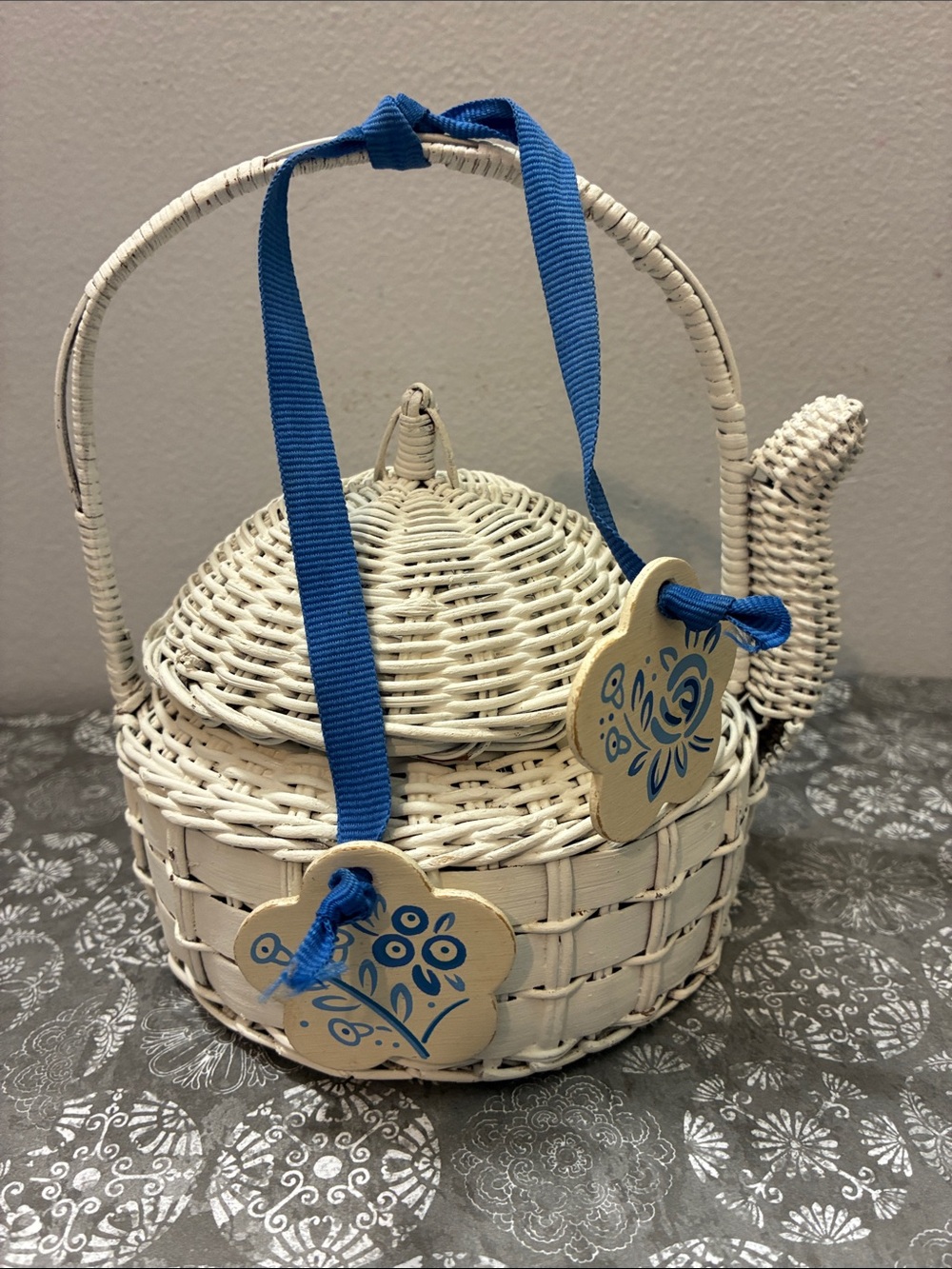 White Wicker Teapot Basket with Blue Ribbon Accents
